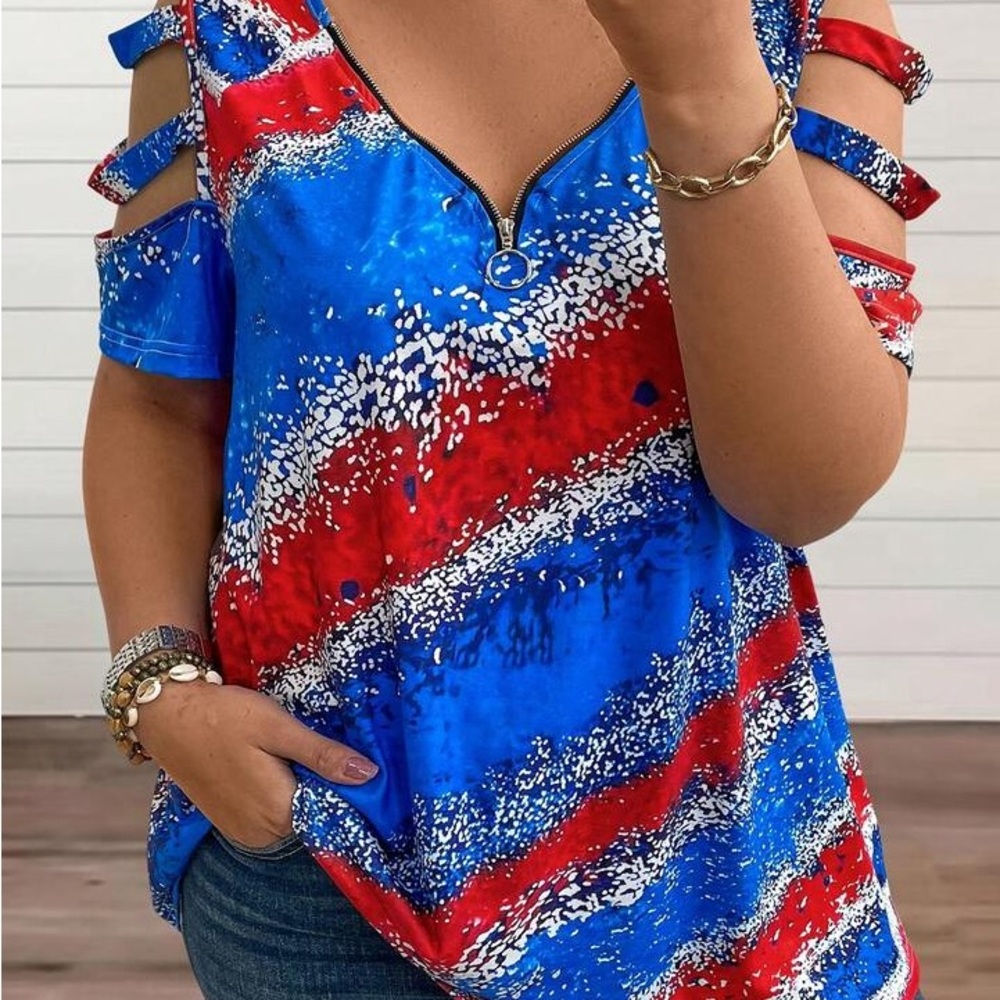 SHEIN LUNE Women's Plus Size Colorblock Hollow Out Half Zipper T-Shirt